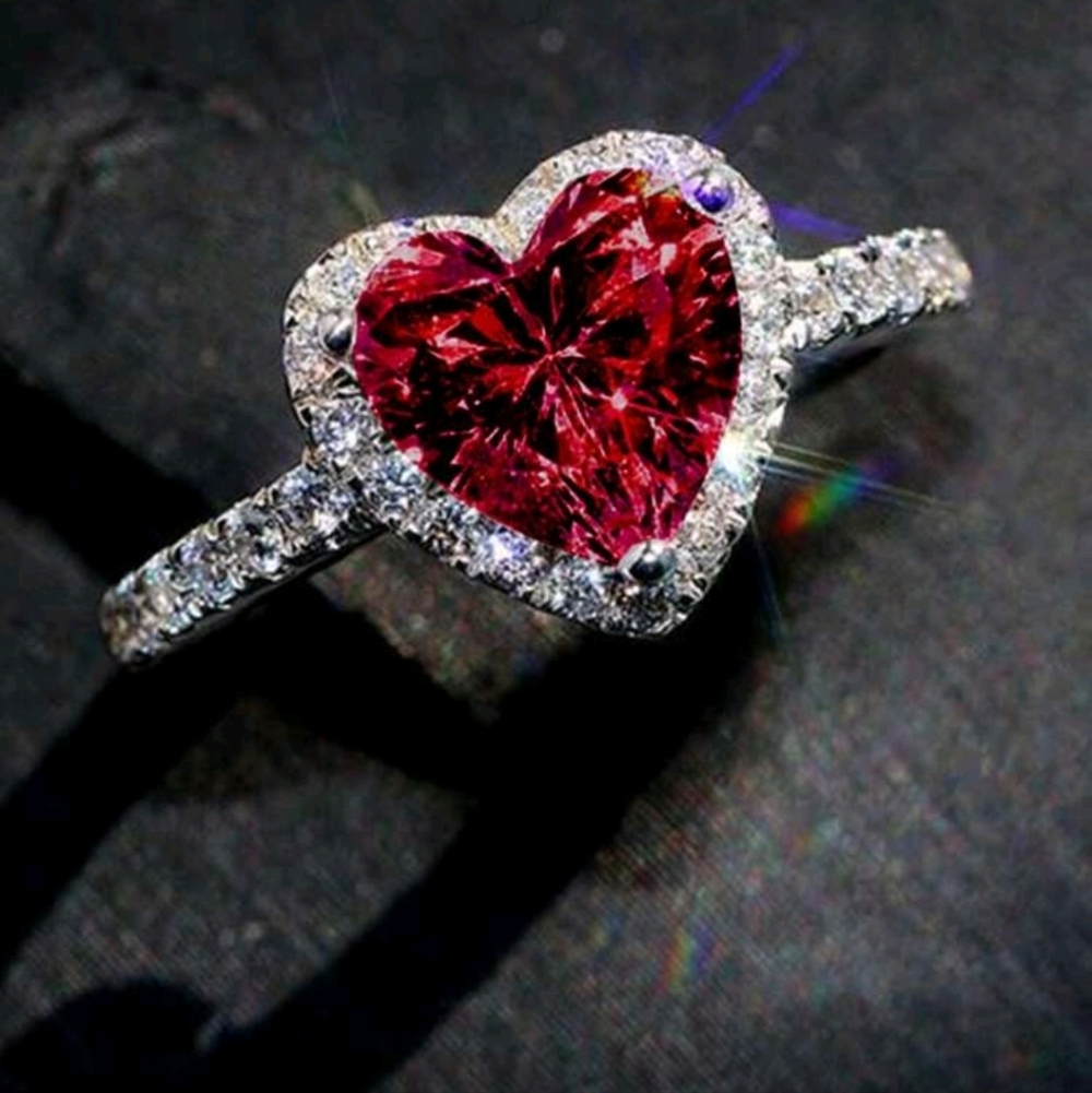Heart-Shaped Red Gemstone Ring with Silver Accents Cubic Zirconia Size 8